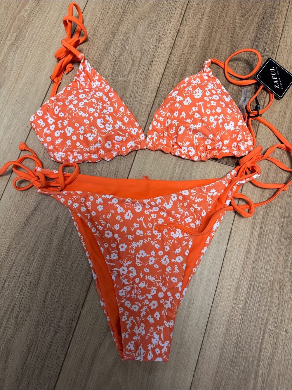 Zaful NWT L Orange Floral REVERSIBLE Tie-Side Triangle Bikini Set
